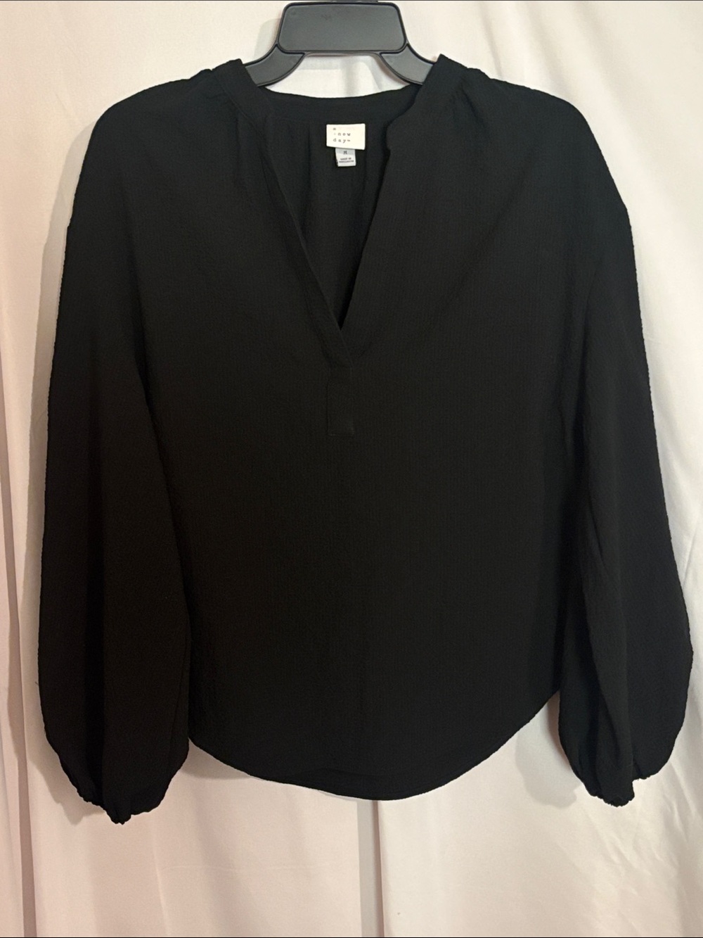 a new day Black Split V-Neck Balloon Sleeve Blouse